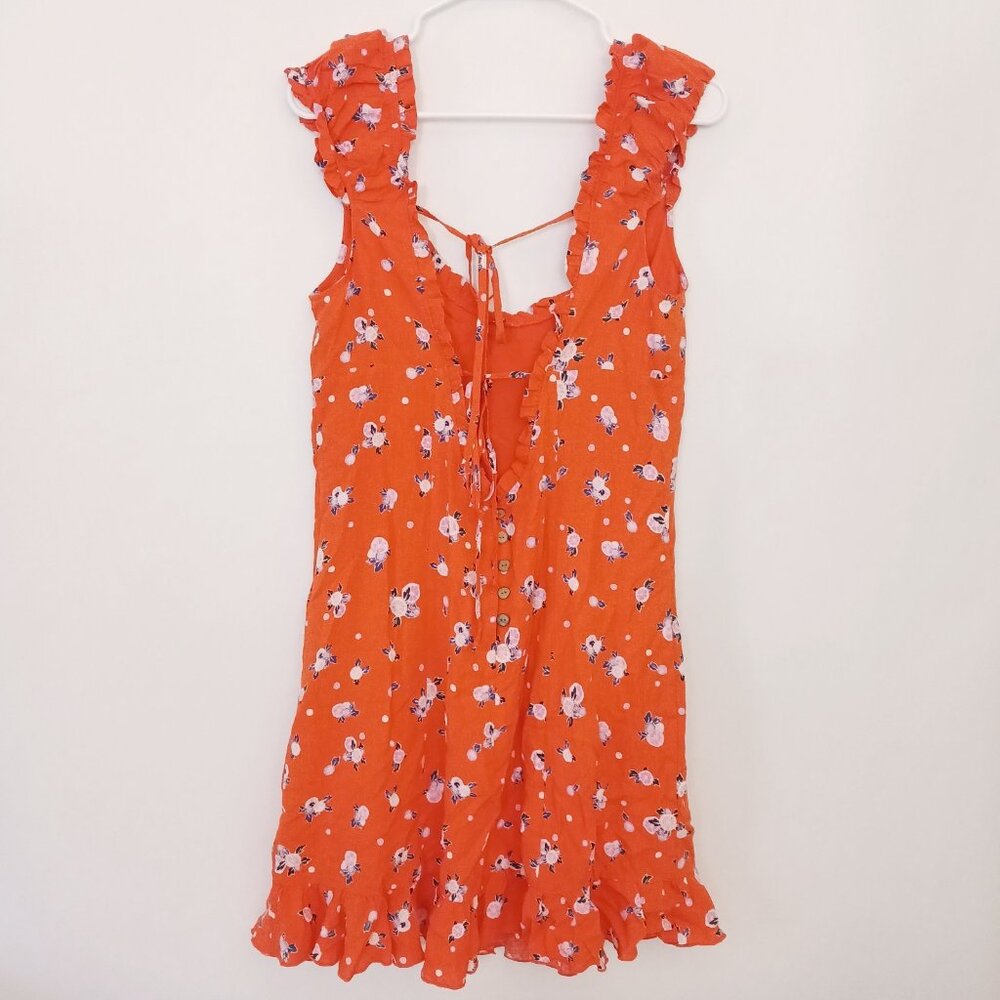 Free People Like A Lady Linen Blend Mini Dress Orange Large Fruit Ruffles NWT - Picture 5 of 12